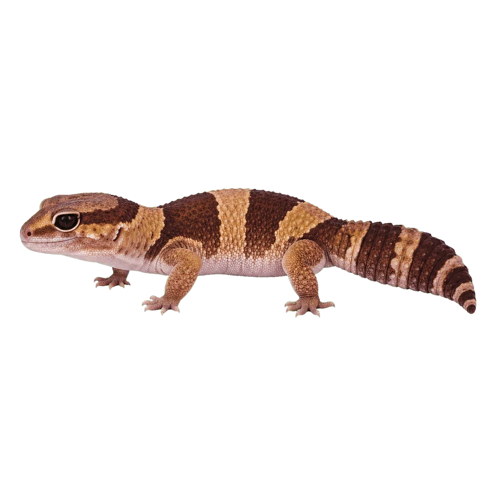 Full-body portrait of a wild-type African Fat-Tailed Gecko, Hemitheconyx caudicinctus, with natural brown banding.