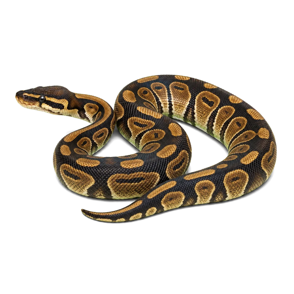 Full-body portrait of a wild-type Ball Python, Python regius, arranged in a loose coil.
