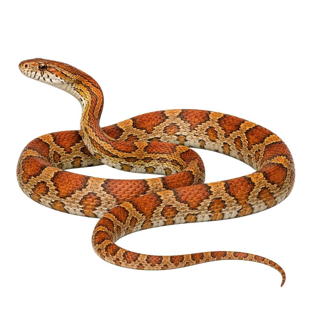 Full-body portrait of a wild-type Corn Snake, Pantherophis guttatus, arranged in a loose coil.