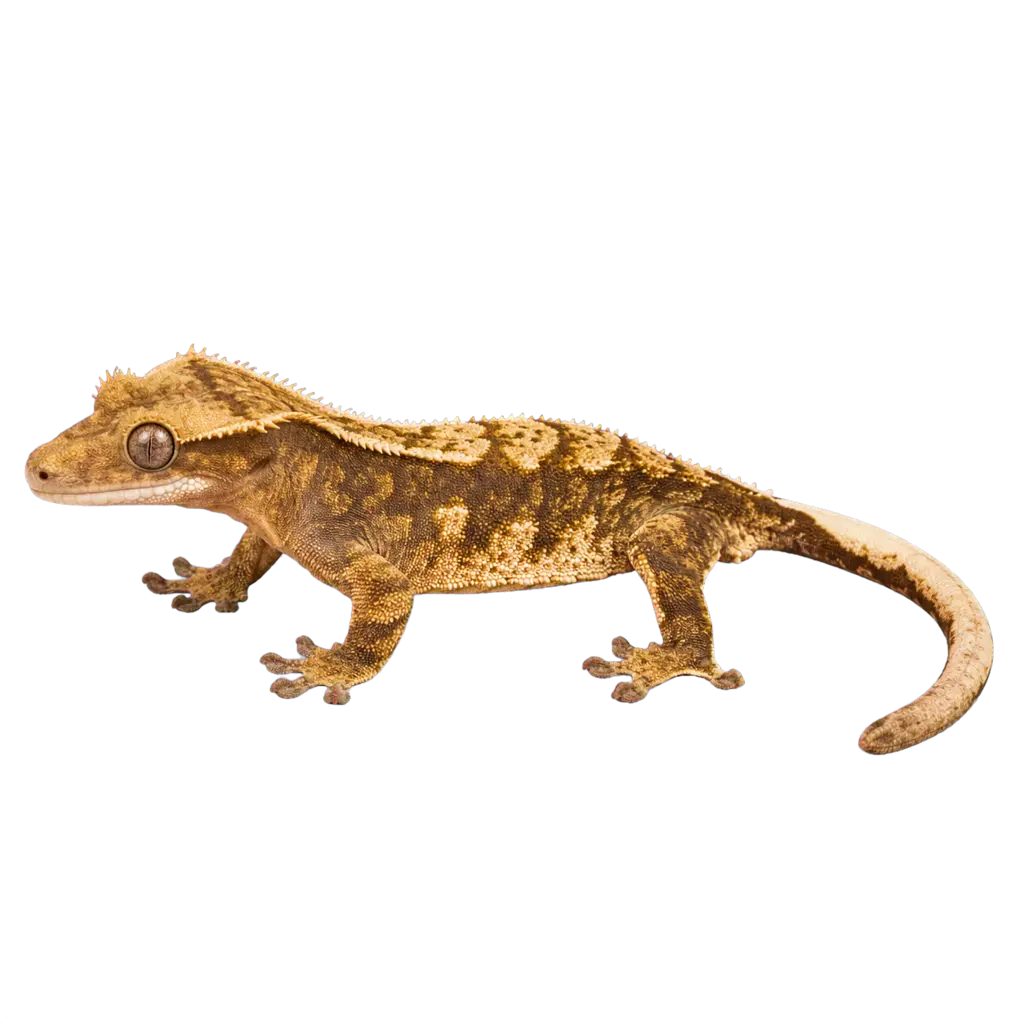 Full-body portrait of a wild-type Crested Gecko, Correlophus ciliatus, with an intact tail.
