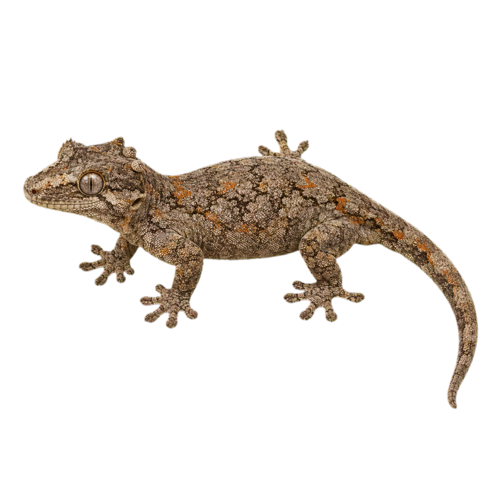 Full-body portrait of a wild-type Gargoyle Gecko, Rhacodactylus auriculatus, with natural mottled grey and brown patterning.