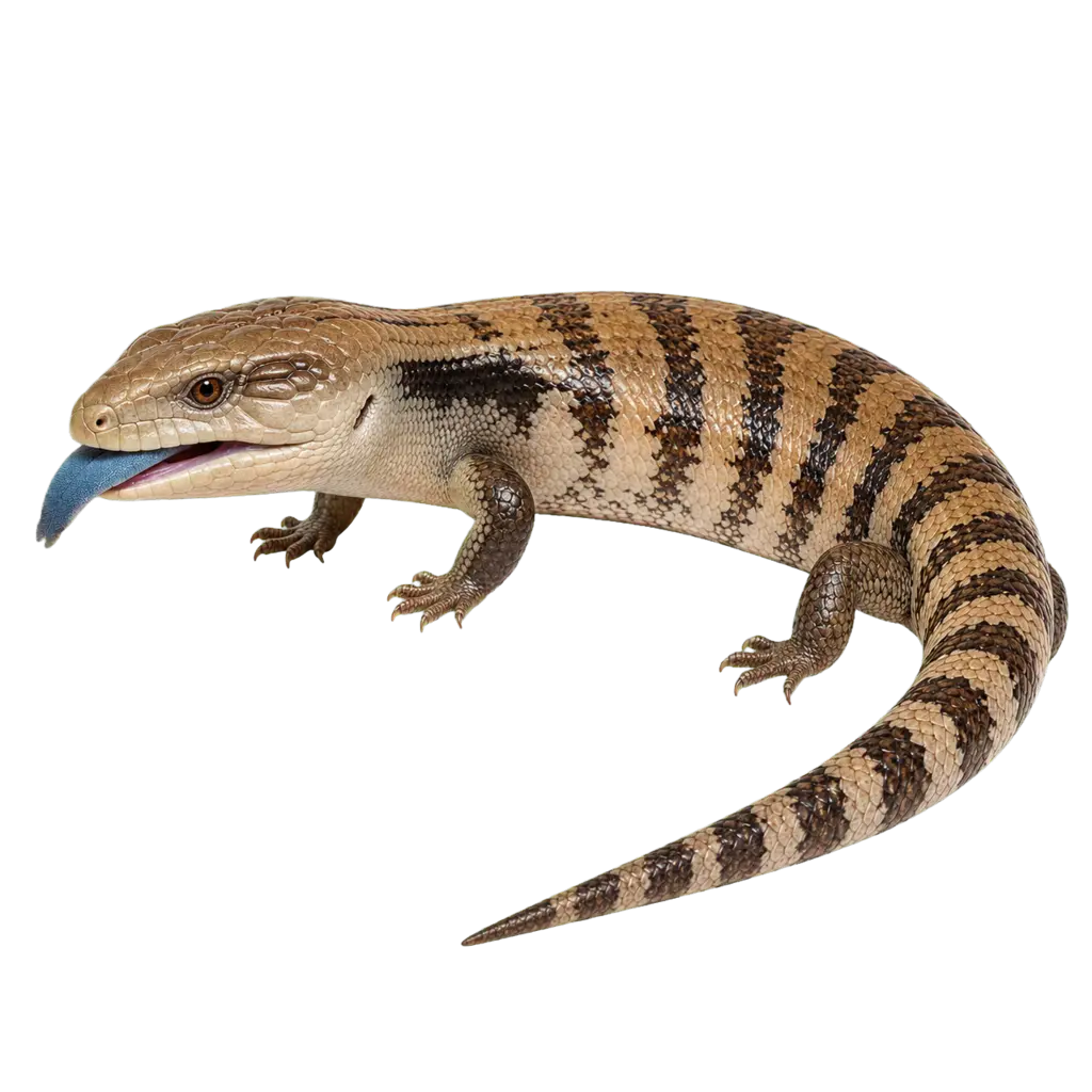 Full-body portrait of a Northern Blue-Tongued Skink, Tiliqua scincoides intermedia, with its blue tongue visible.