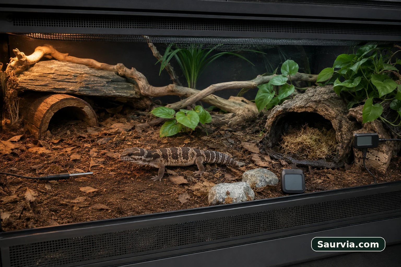 One African Fat-Tailed Gecko moving between a warm dry refuge, shaded cover and a localized humid refuge in a ventilated horizontal enclosure.