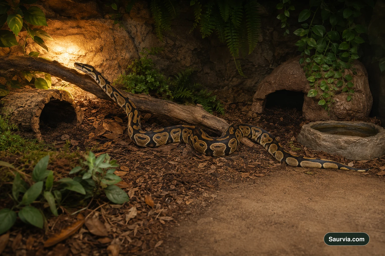 One wild-type Ball Python moving through a furnished enclosure with close-fitting hides, a sturdy branch, cover and water.