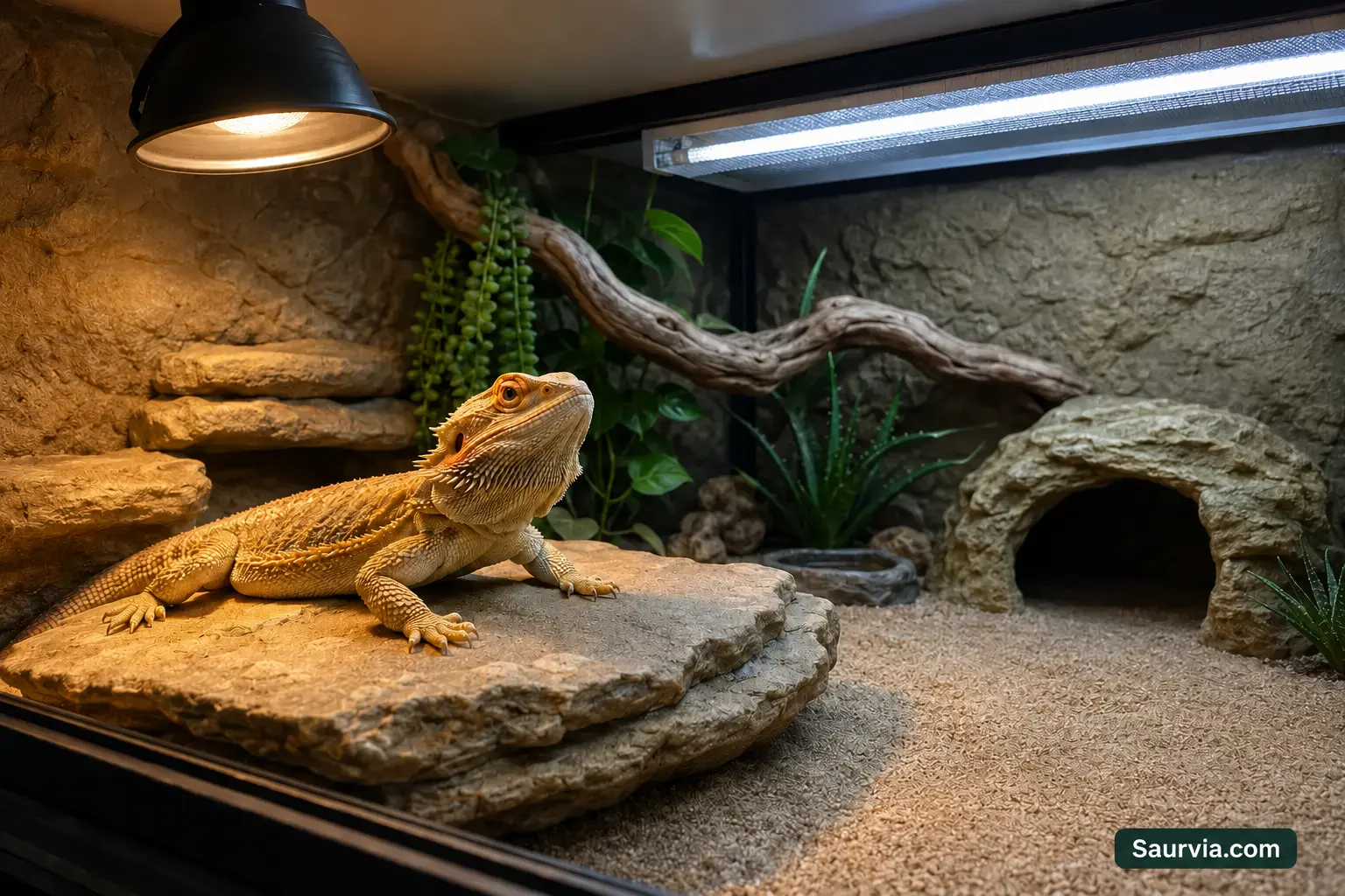 A Bearded Dragon in a furnished enclosure with distinct basking, overhead UVB and shaded retreat zones.