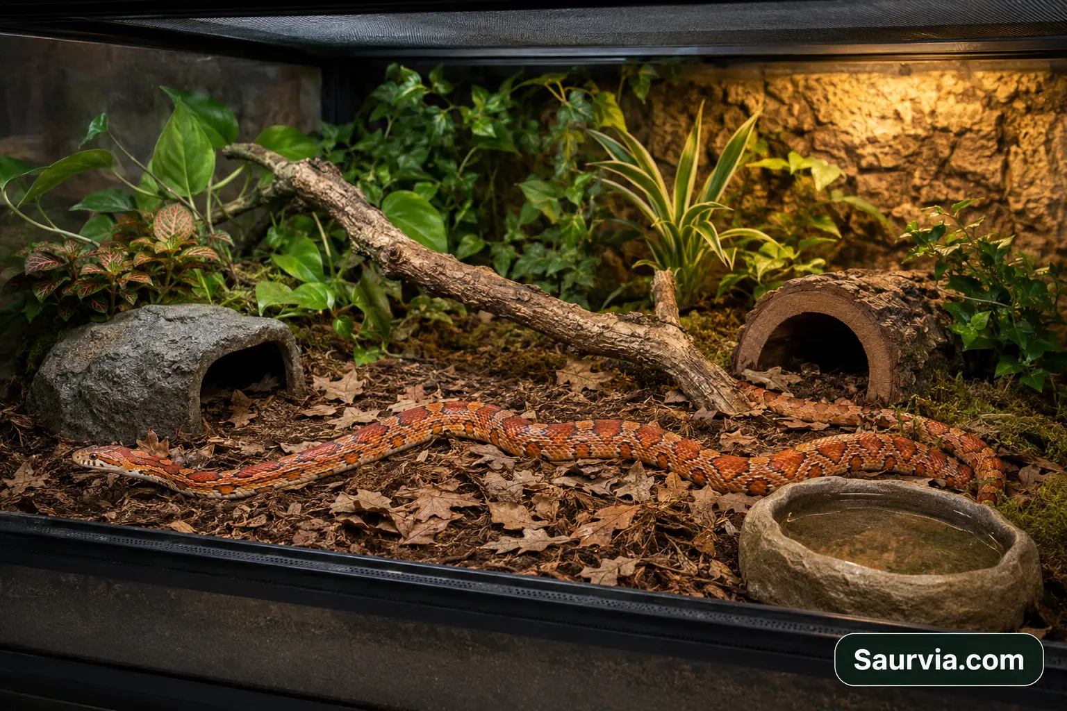 One Corn Snake extending across a secure naturalistic enclosure with two hides, climbing structure, cover and a water bowl.