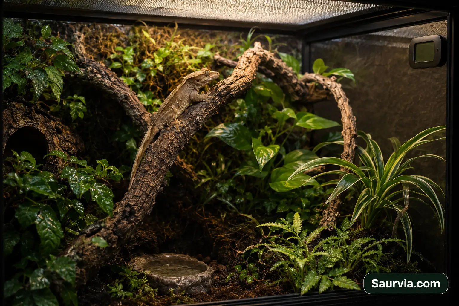 One Crested Gecko using connected branches, horizontal resting ledges and shaded cover in a planted arboreal enclosure.