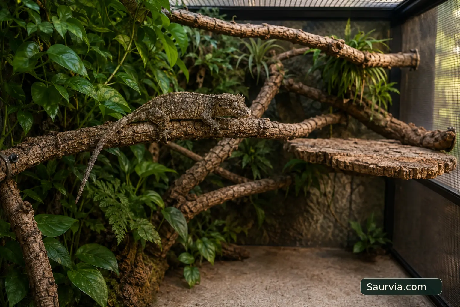 One Gargoyle Gecko moving through a planted vertical enclosure with stable branching routes, shaded retreats and open observation space.