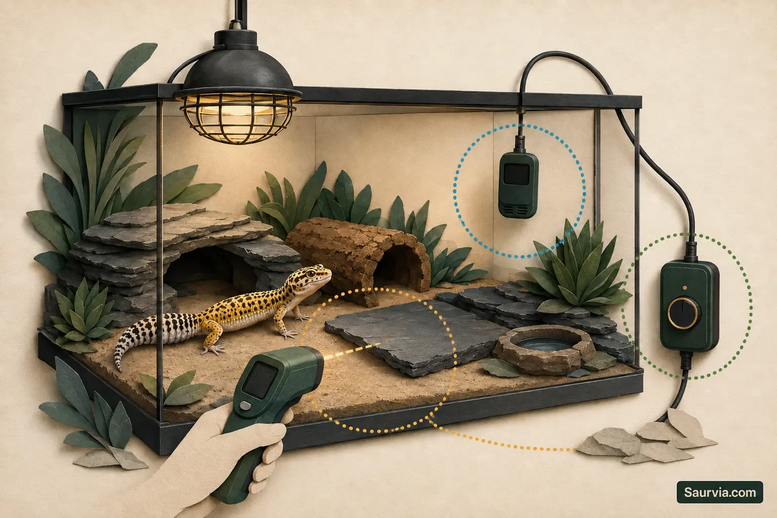 A Leopard Gecko enclosure showing separate measurement paths to a slate surface checked with an infrared thermometer, a warm-side air sensor and a thermostat controller.