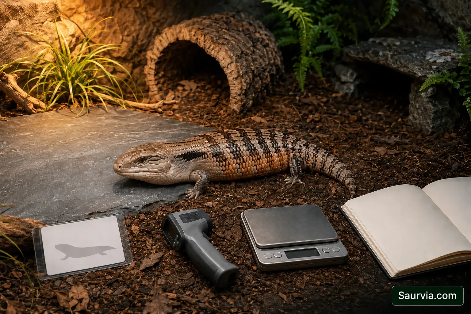 A Northern Blue-Tongued Skink in a planted enclosure beside an infrared thermometer, digital scale, identity record and open care log.